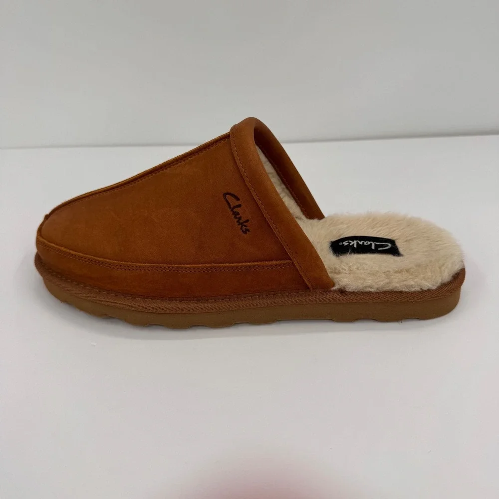 Clarks Men's Size 10 Leather Faux Fur Lined Scuff Slip Ons Slippers Tan Brown - Picture 7 of 11